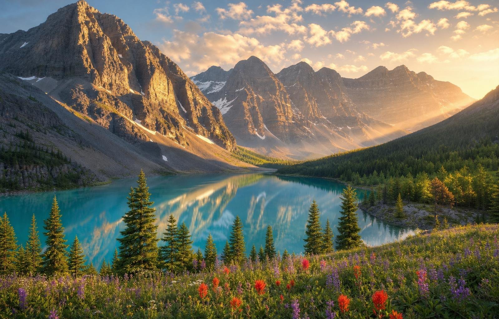 Banff National Park in vibrant summer with turquoise lake and wildflowers